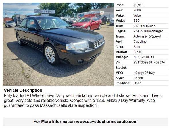 2006 Volvo S80 2.5T AWD - $3,995 (Lowell, MA *www.daveducharmesauto.com)63437526775553121
