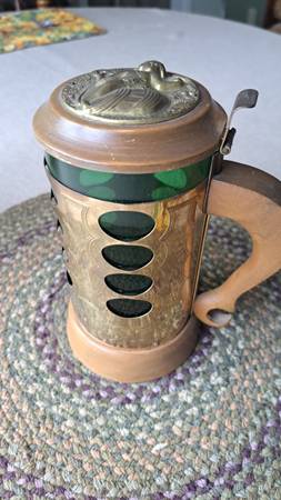 Beer Stein; musical glass, brass and wood collectible 1