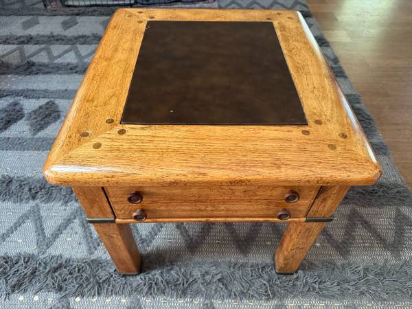 Bedside table - Solid wood withe leather and metal accents 1