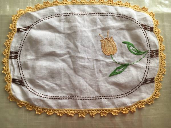 Vintage Doily with Applique Yellow Tulip 1