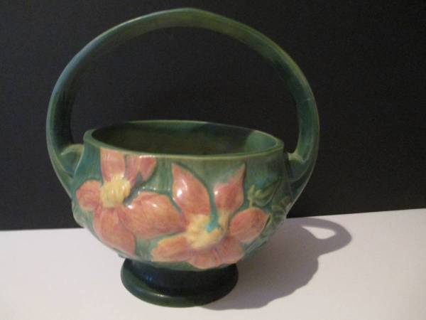 Antique Roseville Clematis Green Pottery Basket Bowl circa 1944 1
