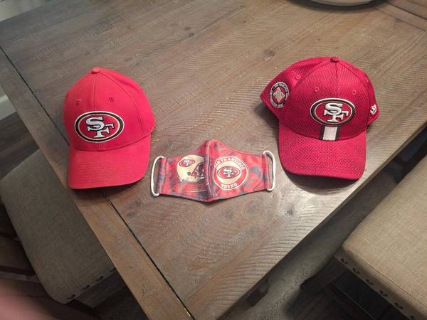 2 new 49er caps and a rare silk face mask never used $75 1