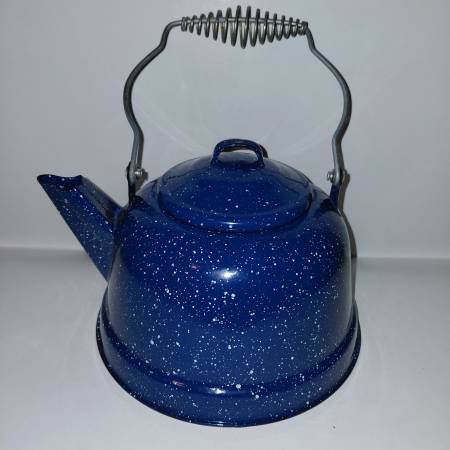 Blue & White Speckled Enamel Tea Kettle 1