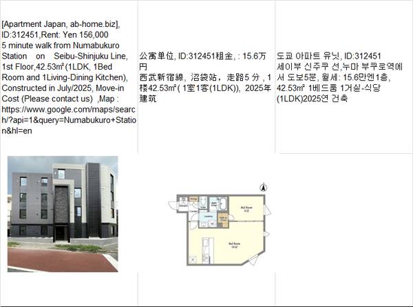 Rent:  Yen156,000,Numabukuro Station沼袋车站,누마 부쿠로 1