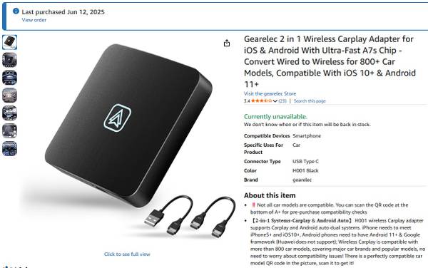 Gearelec 2 in 1 Wireless Carplay Adapter for iOS & Android 1