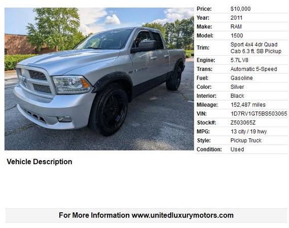 2011 RAM 1500 Sport 4x4 4dr Quad Cab 6.3 ft. SB Pickup - $10,000 (Stone Mountain)63620566906371121