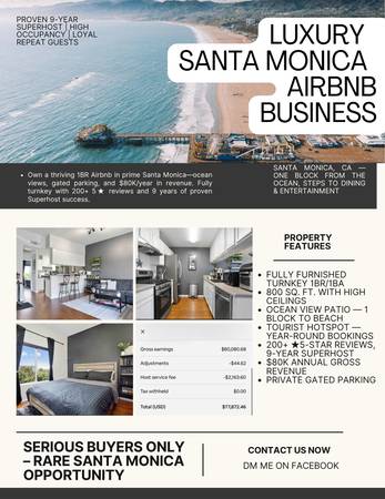 Santa Monica Licensed Airbnb – $80K+/Yr – 9 Yrs Superhost – Turnkey 1