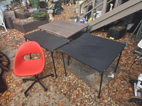 Folding table 47 x 20 n 34 x 34 inch. 25 ea.  Folding chairs 8ea.  Red chair 35 1
