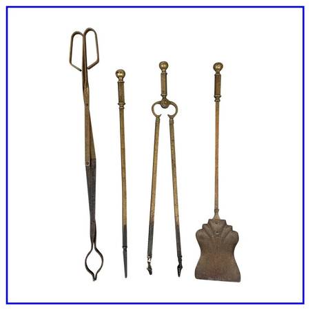 Vintage Colonial Brass Four Piece Fireplace Tool Set 1