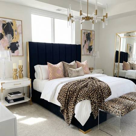 Cal King Upholstered Bed, Black w/ Gold Accents – Brand New 1