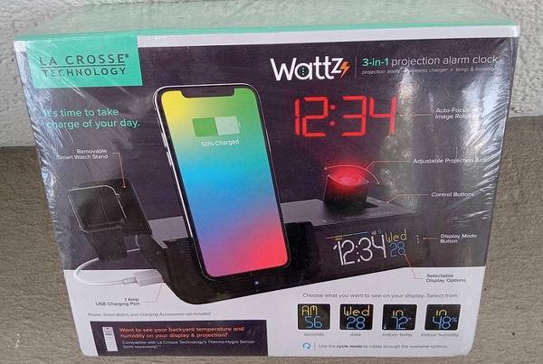 WATTZ 3-IN-1 Projection Alarm Clock w Wireless Phone/Watch Charger NIB 1