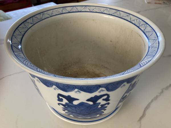 Blue and white planter and plant saucer 1
