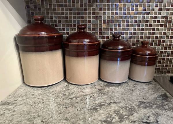Sango Canister 4933  4pc Earthenware W/Lids/Seals Storage Crocks Nova Brown 1