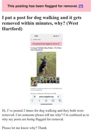 I Put a Dog Walking/Pet Sitting post and it gets removed, why? (West Hartford)64008392275714120