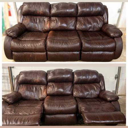 Reclining Sofa, Leather, Brown smoke-free. Manual Recline Couch with pillow top  1