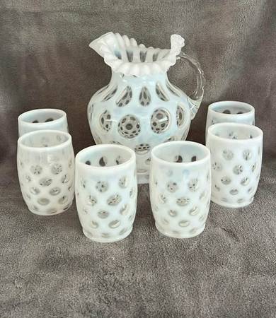 Fenton Opalescent Pitcher & Six Tumblers White Coin Dot 1