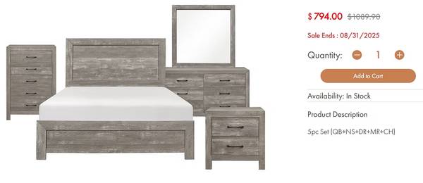 --ALL NEW GRAY QUEEN BED, DRESSER, MIRROR, NIGHTSTAND, AND TALL CHEST 1