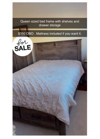 Bed frame queen size with shelves and storage drawers 1