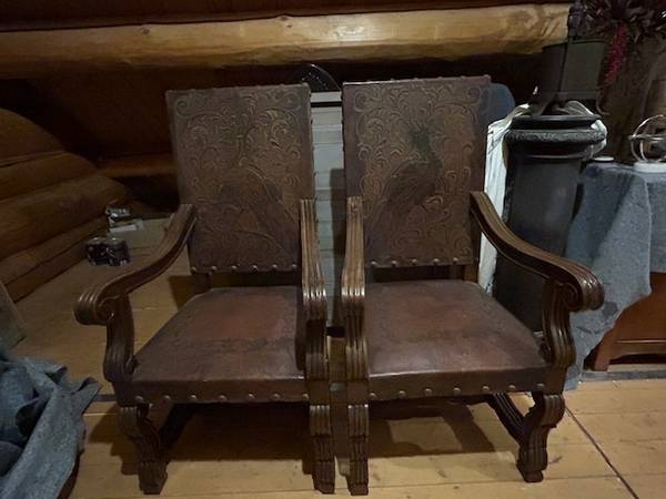 Custom Hand-Tooled Leather Armchairs – Pheasant Design (Pair) 1