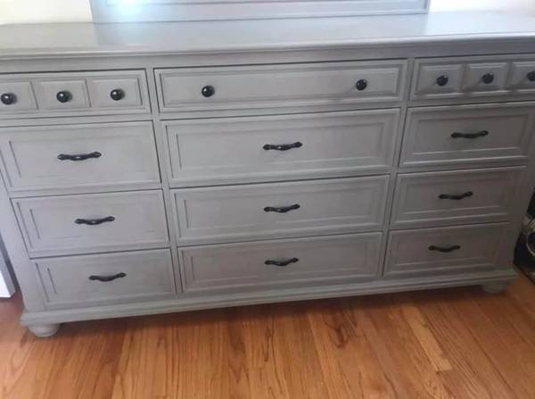 Ethan Allen Painted Gray Dresser with Mirror and Matching Nightstand 1
