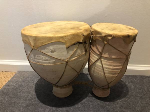 Vintage Terracotta Clay & Hide Double Bongo Drum Rustic Primitive Folk 1