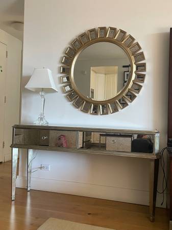 Round good/silver Mirror and a mirrored console table 1