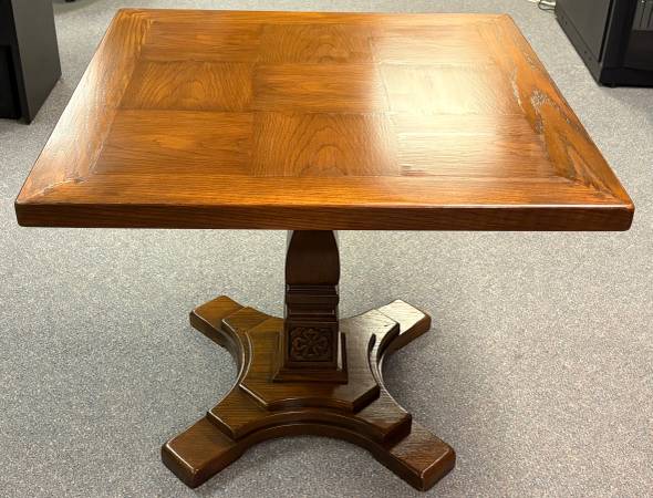 Solid Oak Parquet Dining/Card Table for 4; with Carved Wood Pedestal 1