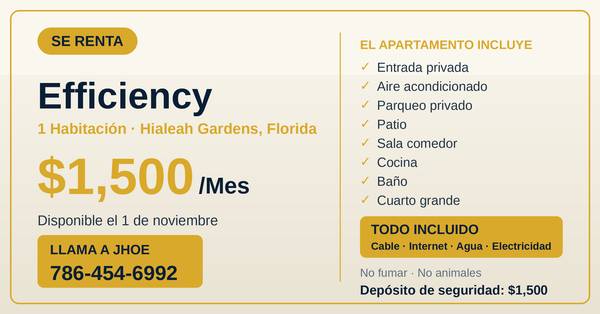 Efficiency for Rent $1500 1