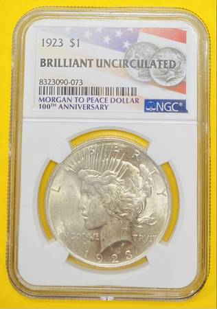 1923 U.S. PEACE SILVER DOLLAR COIN (NGC-Certified "BU") 1