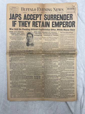 Historic WWII "END OF WAR" Headline Newspaper–Buffalo Evening News 1