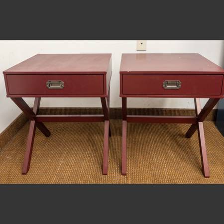 (2) Red Campaign End Table. Modern X-Base Side Table with Drawer and M 1