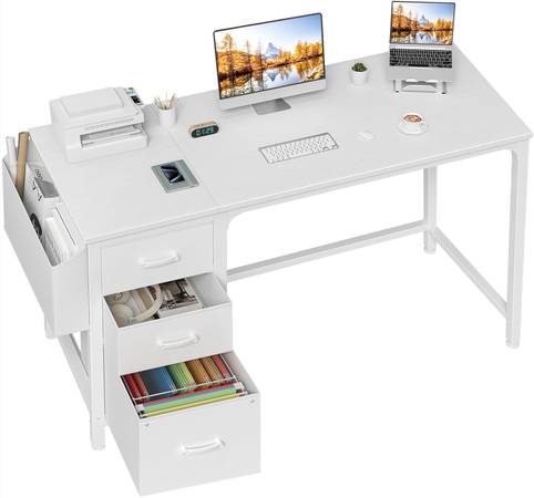 White Computer Desk with 3 Fabric File Drawers Cabinet, 55 Inch 1