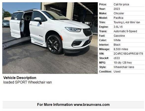 2023 CHRYSLER PACIFICA LOADED WHEELCHAIR VAN BRAUN RAMP LOW MILES - $72,999 (Seekonk MA , Platinum BraunAbility Dealer)63623725407619121