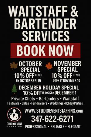 🍂 October Event Staffing Special – Chefs, Bartenders & Waitstaff 🍸🍽 1