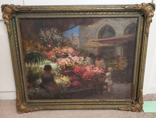 Imre Gergel 1868-1914 Impressionist Flower Market Antique Oil Painting 1