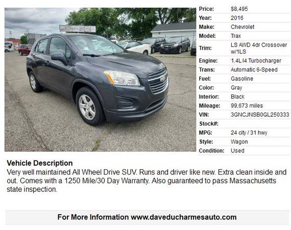 2016 Chevrolet Trax AWD LS con pocos kilómetros - $8.495 (Lowell, MA *www.daveducharmesauto.com)63495965639939121
