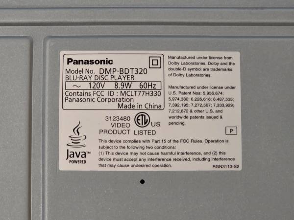 BLU-RAY DISC PLAYER - Panasonic Model No. DMP-BDT320 - electronics