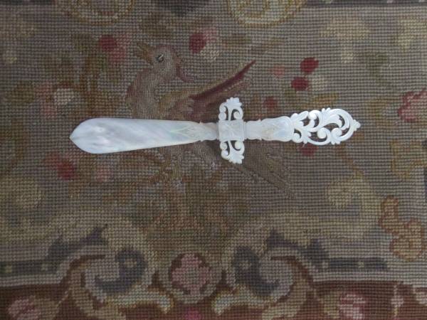 Antique Mother of Pearl Paper Knife, ornate carving 1