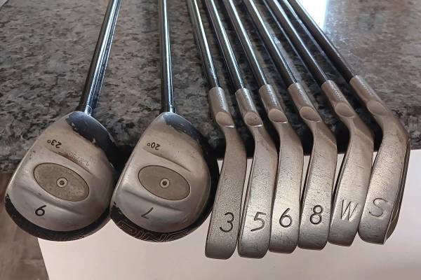 Ping i3 O-Size white dot Irons 3,5,6,8,PW,SW & 7, 9 Woods R-flex Graphite Shafts 1