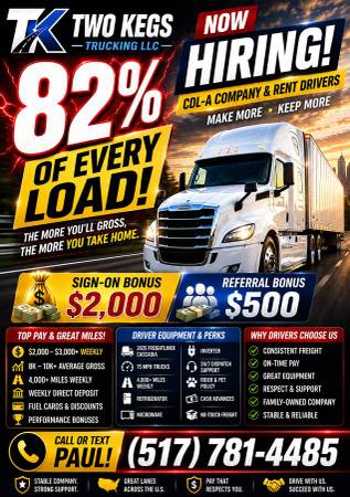 💥Hiring CDL A Drivers Company and Lease ,OTR, SIGN UP BONUS $2000!💥 1
