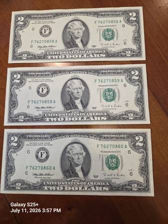 3 1995 $2 Bills Consecutive Serial Numbers 1