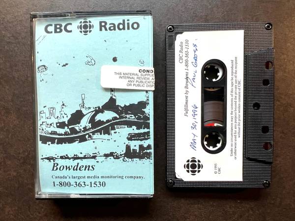 CBC Morningside 1996 Audio Cassette Recording w Paul Gross DUE SOUTH 1