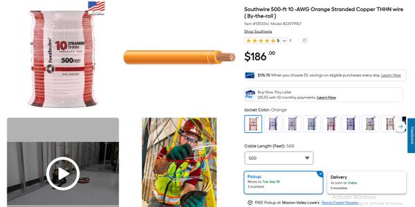 Southwire THHN AWG 10 Electrical Wire Stranded Copper Orange color 1