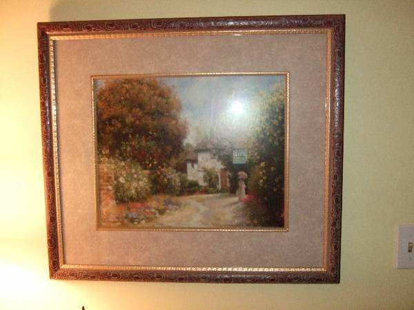 English cottage artwork - beautiful scene with Victorian lady painting 1