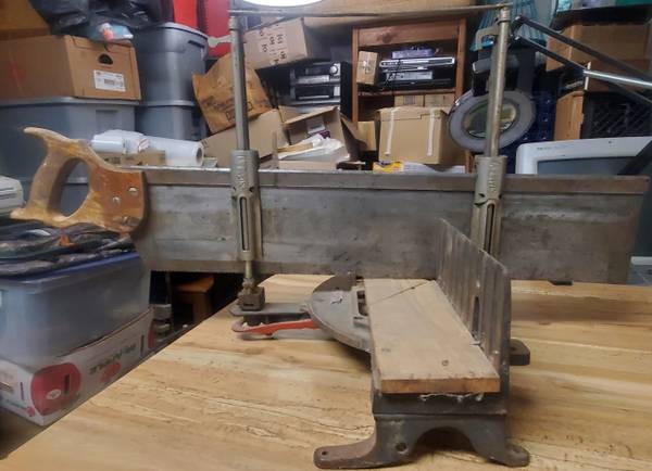Antique Stanley Cast Iron No. 358 Mitre Box With B.H. Bishop Co. Saw 1
