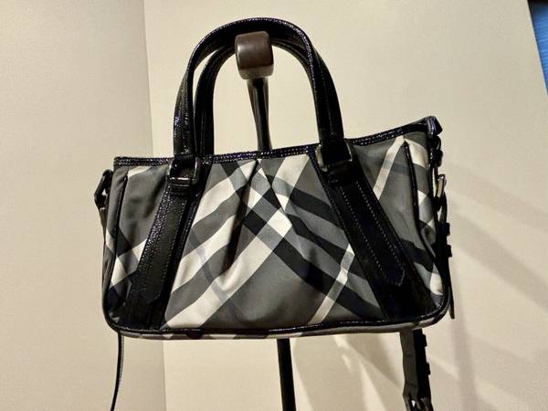 Authentic Burberry Nylon Patent Leather Plaid Shoulder Crossbody Bag 1