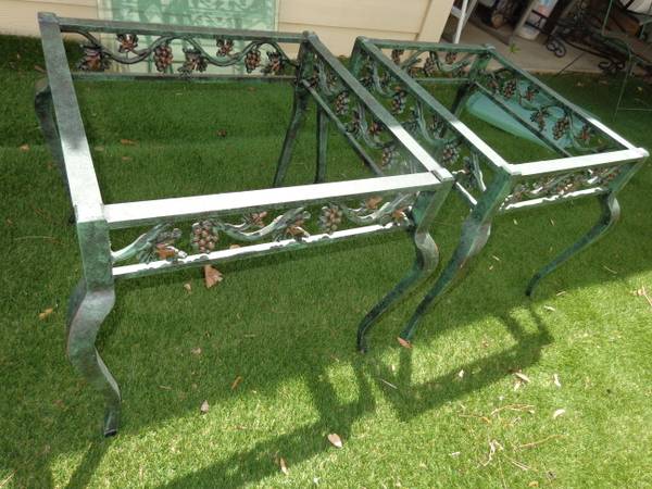 verdigris cast metal tables thick glass top beveled edge outdoor 1
