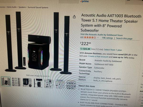 Sistema de altavoces Acoustic Audio AAT1003 Bluetooth Tower 5.1 para cine en casa - $75 (West Hills)63471467396353121