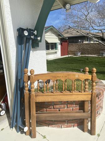 2 Oak twin bed frames with 1 night stand 1