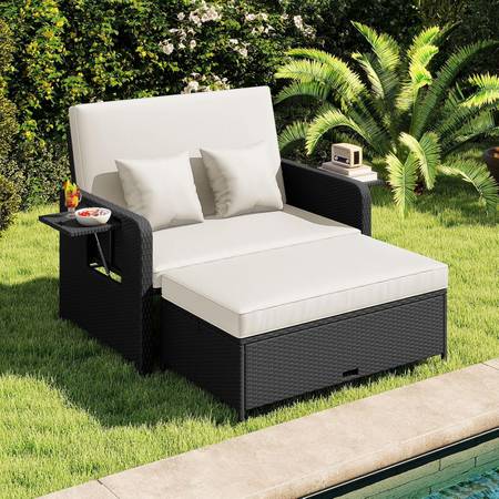 Outdoor Rattan Daybed Wicker Loveseat Sofa with Storage Ottoman 1